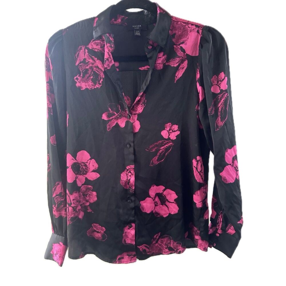 Haver London Women's Floral Satin Like Long Sleeve Button Down Blouse Shirt XS
